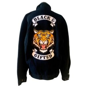 First Choice Black Denim Jacket with Tiger Embroidery Mens Unisex Size Medium